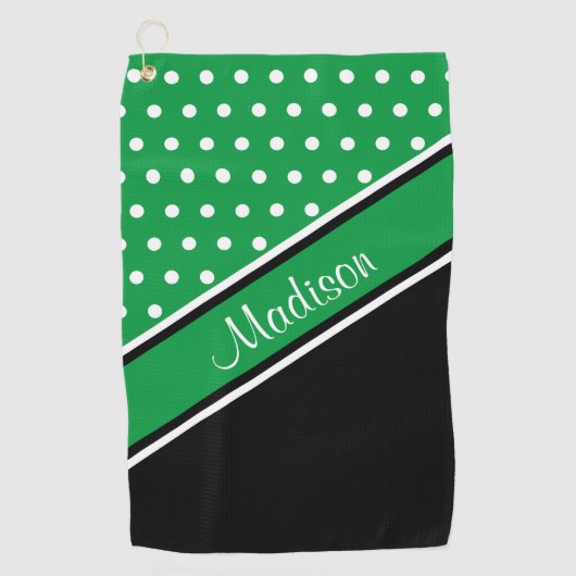 Kelly Green Polka Dot Black Diagonal Script Name Golfhanddoek (Voorkant)