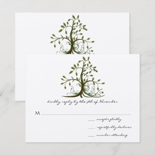 Kelly Green Whimsical Swirl Tree Wedding RSVP (Voorkant / Achterkant)