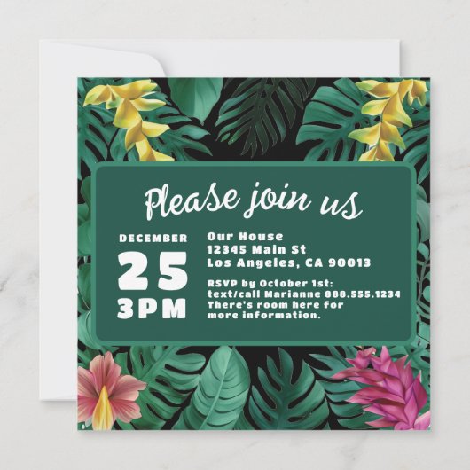 Kelly groene tropische jungle bestemmingsbruiloft save the date (Achterkant)