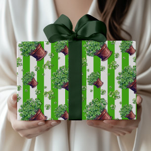 Kelly groene vintage gestreepte schattige klaverpo cadeaupapier