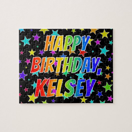 "KELSEY" voornaam, geun "HAPPY BIRTHDAY" Legpuzzel (Horizontaal)