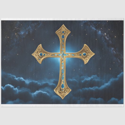 Keltisch blauw en goud kruis decoupage tissuepapier (Voorkant)