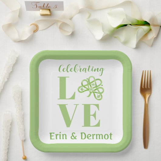 Keltisch groene waterverf klavertje NAME bruiloft Papieren Bordje (Huwelijk)