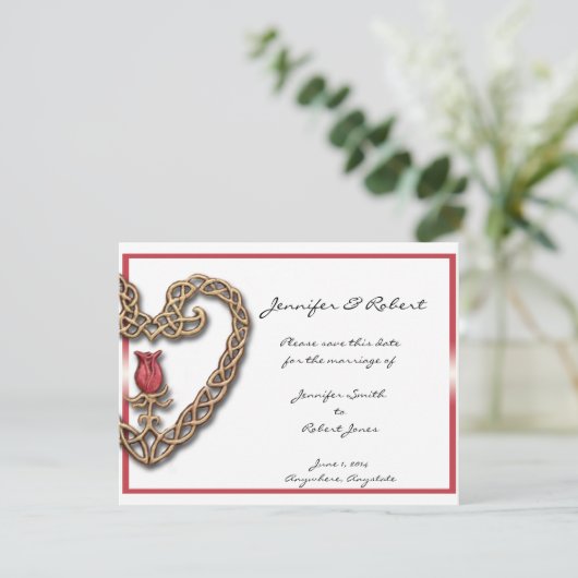 Keltisch hart met een rode roos Save the Date (Staand voorkant)