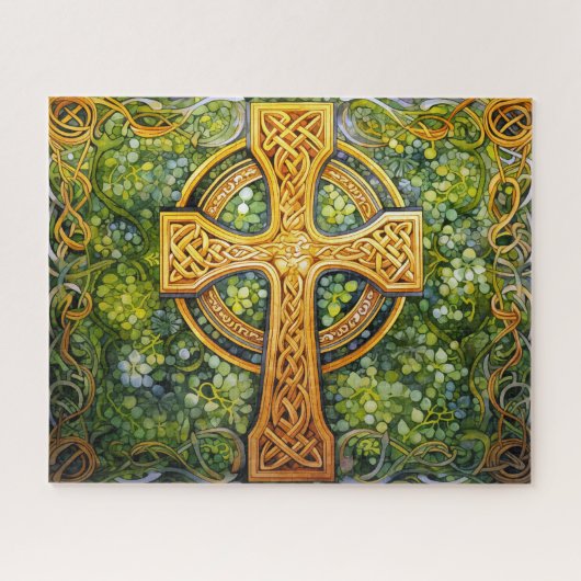 Keltisch Kruis Keltische Knoop Groen Goud Knoopwer Legpuzzel (Horizontaal)