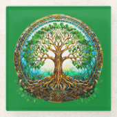 Keltische boom van het leven in smaragdgroen glazen onderzetter (Voorkant)