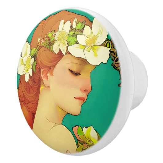 Keltische dame met bloemen in haar haar keramische knop (Rechts)