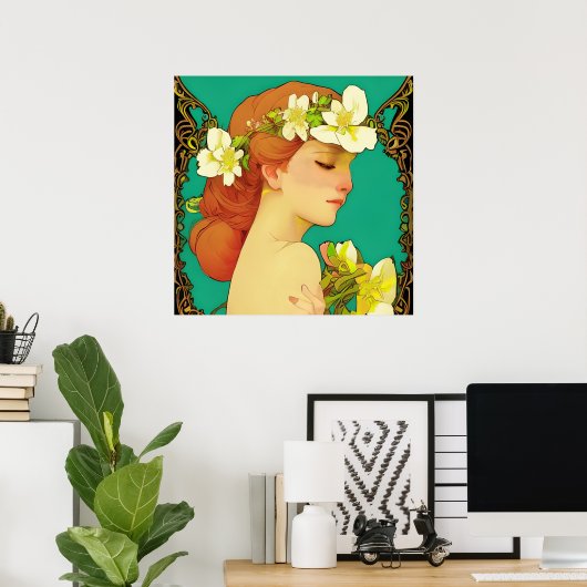 Keltische dame met bloemen in haar haar poster (Thuiskantoor)