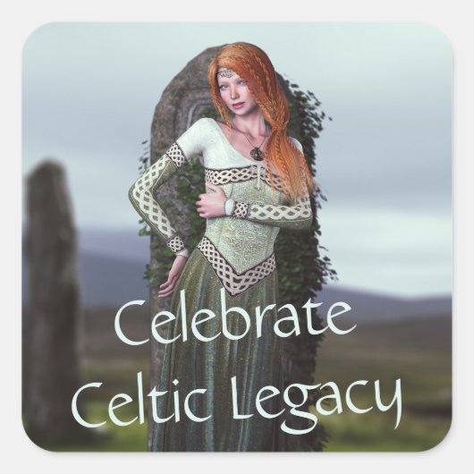 Keltische dame poseert voor oude stenen vierkante sticker (Voorkant)