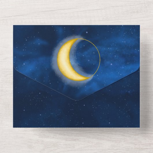 Keltische goudsterren in de nacht blauw roomrijk all in one uitnodiging (Achterkant)