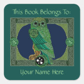 Keltische groene uil Bookplate Vierkante Sticker (Voorkant)