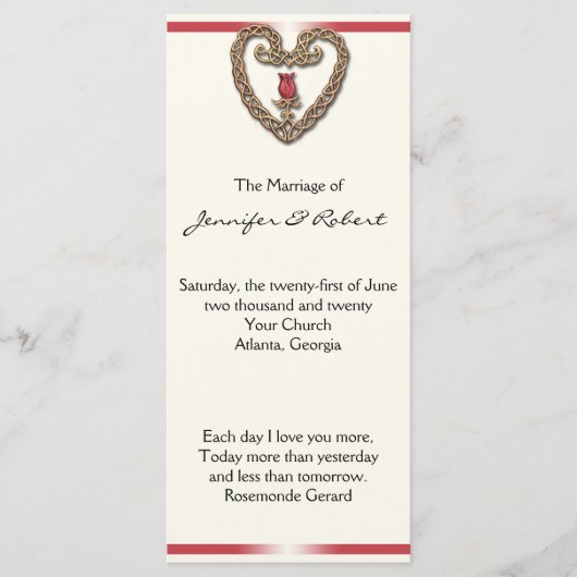 Keltische Hart met Rode Roos Wedding Programma Programmakaart (Voorkant)