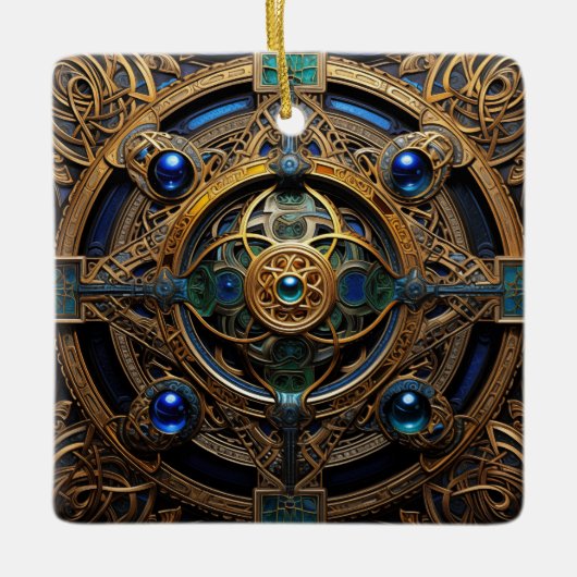 Keltische Knoop Blauw Gouden Knoopwerk Keramisch Ornament (Voorkant)