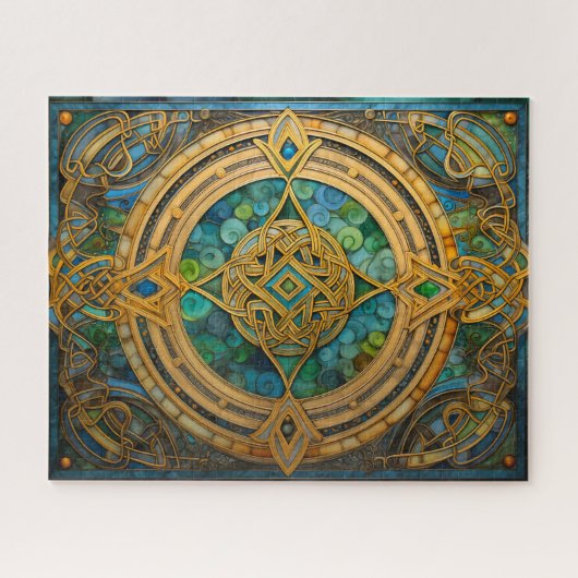 Keltische Knoop Blauw Groen Gouden Knoopwerk Legpuzzel (Horizontaal)