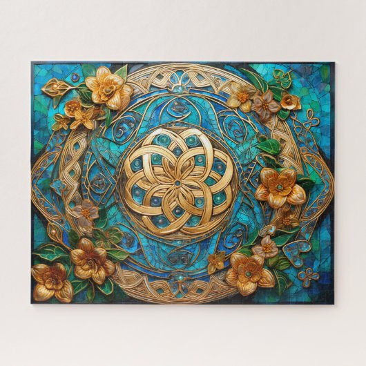 Keltische knoop Blauwgroen Blauw Gouden Bloemen Kn Legpuzzel (Horizontaal)