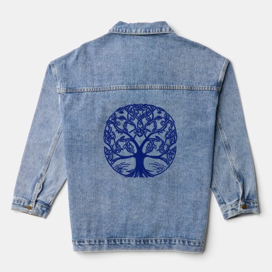 Keltische Knoop Boom van het Leven in Indigo Blauw Denim Jacket (Achterkant)