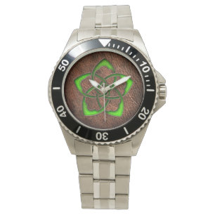Keltische knoop groene bloem op leer digitaal art. horloge