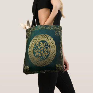 Keltische Knoop Honden Donker Gewassen Groen Goud Tote Bag