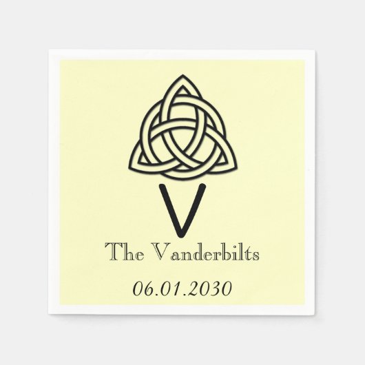 Keltische Knoop in Zwart en Ivoor Monogram Bruilof Servet (Voorkant)