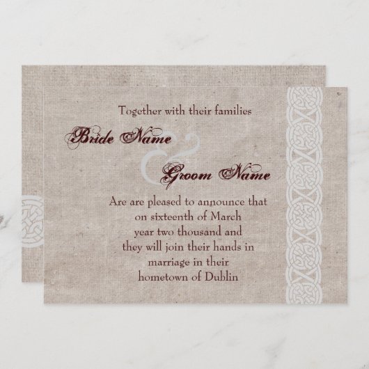 Keltische knoop op ruw jute Iers traditioneel Save The Date (Voorkant / Achterkant)