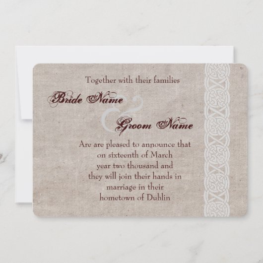 Keltische knoop op ruwe jute Ierse traditie Save The Date (Voorkant)