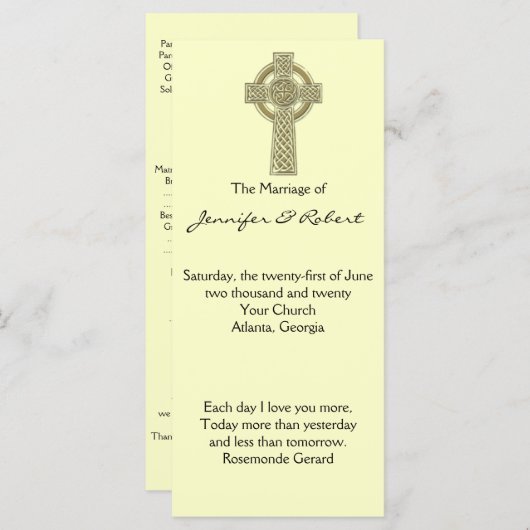 Keltische kruis in goud en ivoor bruiloft programm programmakaart (Voorkant / Achterkant)