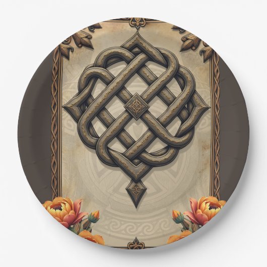 Keltische kunst en bloemenpracht in warme tinten. papieren bordje (Voorkant)