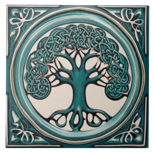Keltische levensboom Aqua Turquoise Faux Relief Tegeltje (Voorkant)