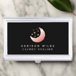 Keltische Roos Gold Crescent Moon Stars Logo Visitekaarthouder<br><div class="desc">Celestial Roos Gold Crescent Moon Stars Logo-draagtas met visitekaartjes. Dit elegante moderne trendy bedrijfsontwerp is voorzien van een maan en sterren op een stevige zwarte achtergrond. Pas dit aangepaste ontwerp aan met uw eigen details.</div>