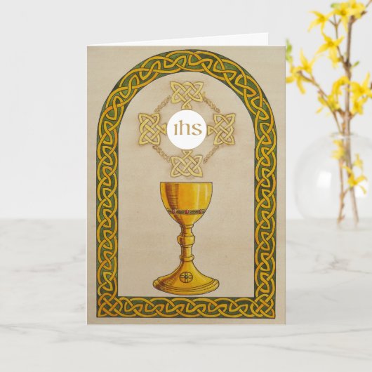 Keltische stijl Eerste Heilige Communie Kaart (Gele Bloem)