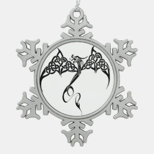 Keltische Tribale Draak Knoopwerk Zwart Wit Fantas Tin Sneeuwvlok Ornament