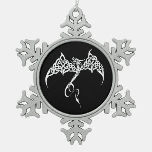 Keltische Tribale Draak Knoopwerk Zwart Wit Fantas Tin Sneeuwvlok Ornament