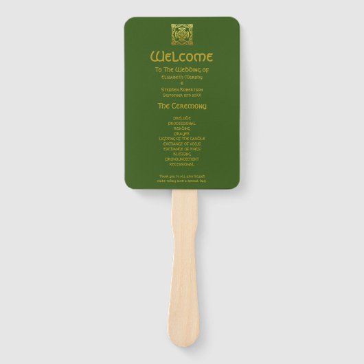 Keltische Trouw Faux Goud |Groen Ceremonieprogramm Handwaaier (Voorkant)