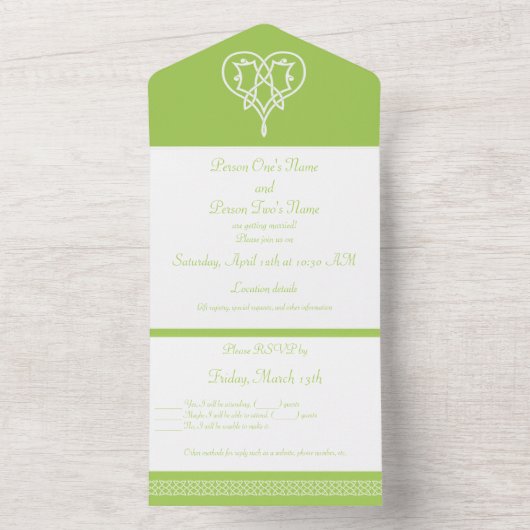 Keltische Weave Hearts in Peridot All In One Uitnodiging (Binnen)