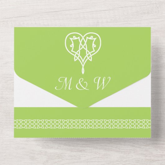 Keltische Weave Hearts in Peridot All In One Uitnodiging (Achterkant)