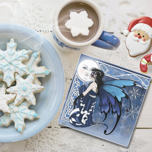 Keltische Wintermaan Fee Blauwe Sneeuwvlokken Fant Glazen Onderzetter