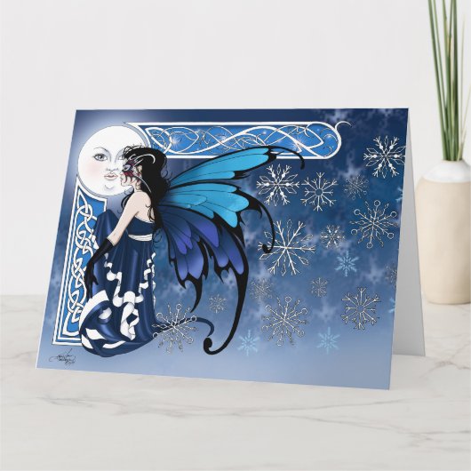 Keltische Wintermaan Fee Blauwe Sneeuwvlokken Fant Kaart (Voorkant)
