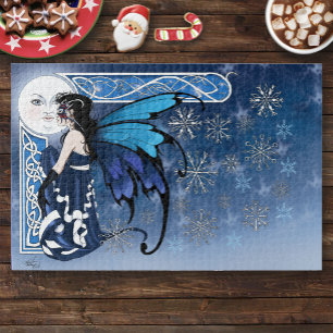 Keltische Wintermaan Fee Blauwe Sneeuwvlokken Fant Legpuzzel