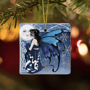 Keltische Wintermaanfee Blauwe Sneeuwvlokken Fanta Keramisch Ornament