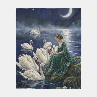 Keltische zwanen Maanverlicht meer Nacht Fantasie Fleece Deken