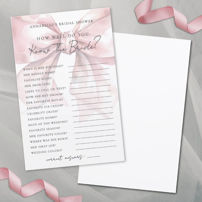 Ken de Bruid Blush Roze Strik Bruidsfeest Spel (Know The Bride Blush Pink Bow Bridal Shower Game)