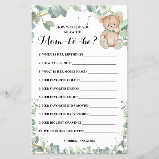 Ken je de Beer Greenery Game Card van de mam? Flyer (Voorkant)