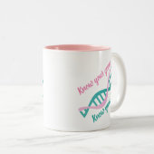 Ken je risico's, ken je genen. tweekleurige koffiemok (Voorkant rechts)