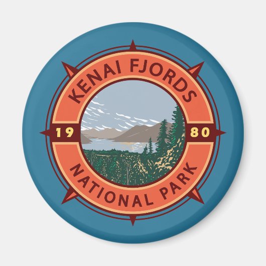 Kenai Fjords National Park Retro Compass Emblem Magneet (Voorkant)