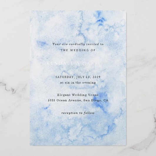 Kendall Blue Waterverf Elegante bruiloft Folie Uitnodiging (Voorkant)