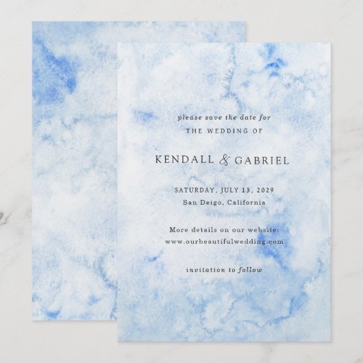 Kendall Blue Waterverf Elegante bruiloft Save The Date (Voorkant / Achterkant)