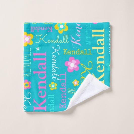 Kendall grafische bloemen naam aqua geel roze bad handdoek (Wasdoekje)