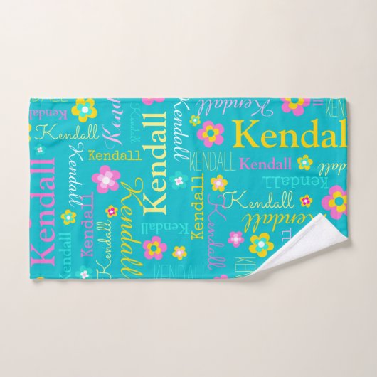 Kendall grafische bloemen naam aqua geel roze bad handdoek (Handdoek)
