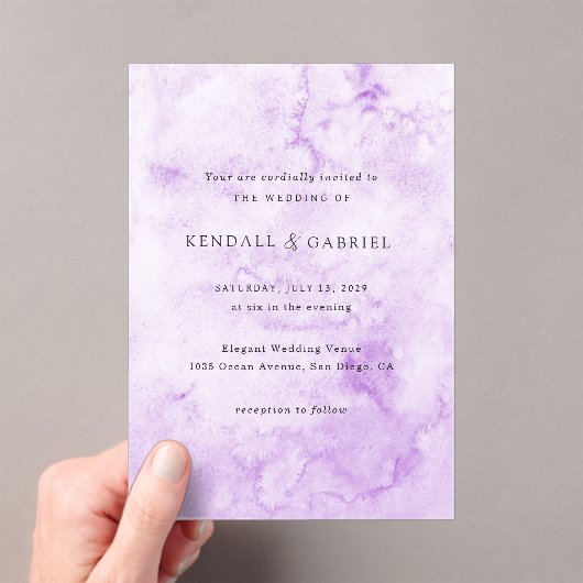 Kendall Paarse Waterverf Elegant Bruiloft Acryl Uitnodigingen (Insitu (Draagbaar))