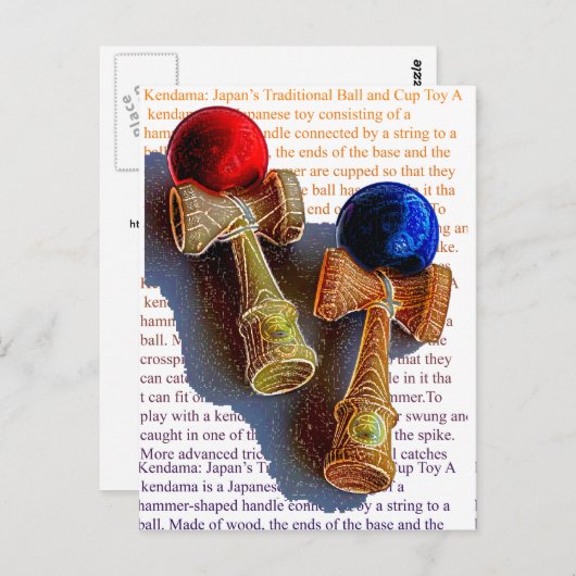 Kendama, Rood en Blauwe Kleur Schets Briefkaart (Voorkant / Achterkant)